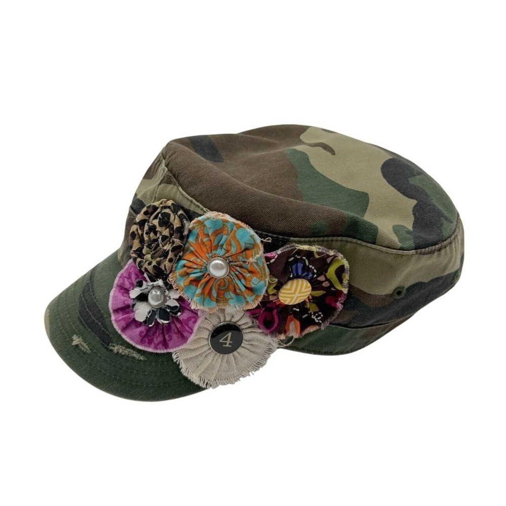Womens Camo Floral Embellished Cadet Hat Distressed Y2K Boho Shabby Chic Cap